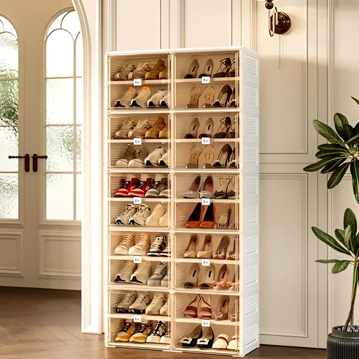 Tall white shoe cabinet showing organized shelves of shoes to maximize vertical storage and reduce clutter
