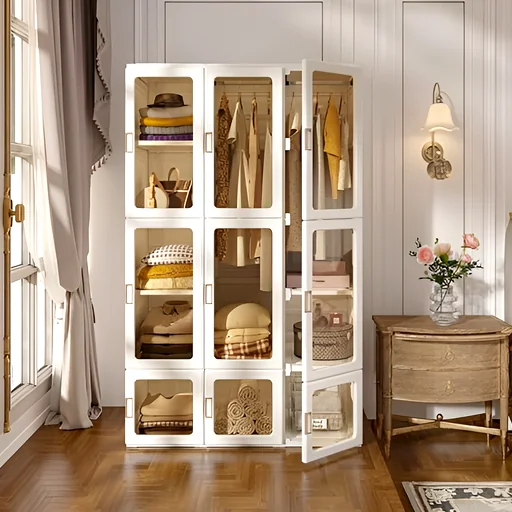 White wardrobe with glass doors open to show folded clothes and hanging garments, suggesting ample storage