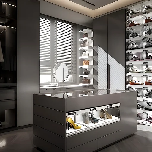 Luxurious walk-in wardrobe with multiple shoe display shelves and ample storage, emphasizing craftsmanship and quality