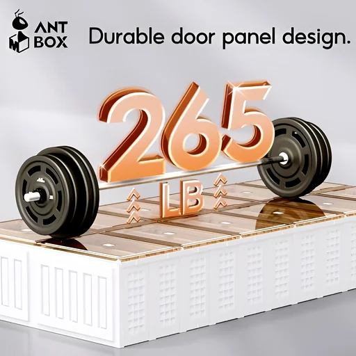 Durability test showing a door panel supporting weights for a 265 lb load capacity, demonstrating strength and reliability