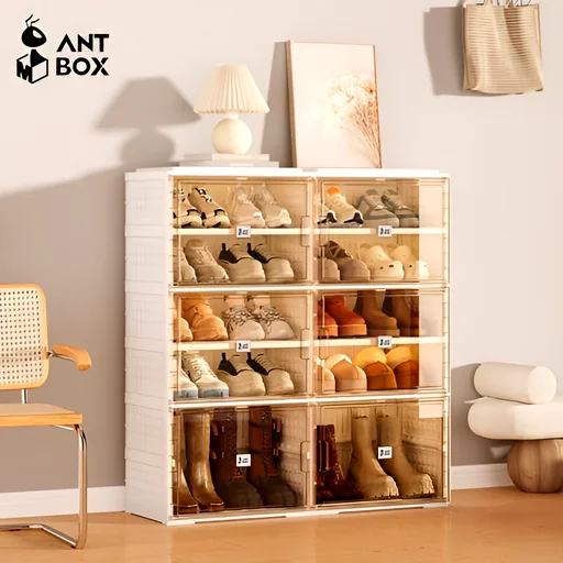 White multi-tier shoe cabinet with clear doors showing organized pairs, ideal for ANTBOX shoe storage solutions