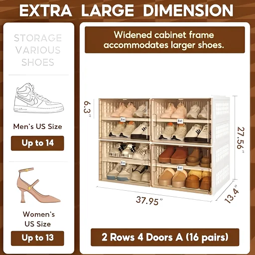 Modular shoe cabinet with compartments holding a variety of shoe sizes and styles, up to 16 pairs