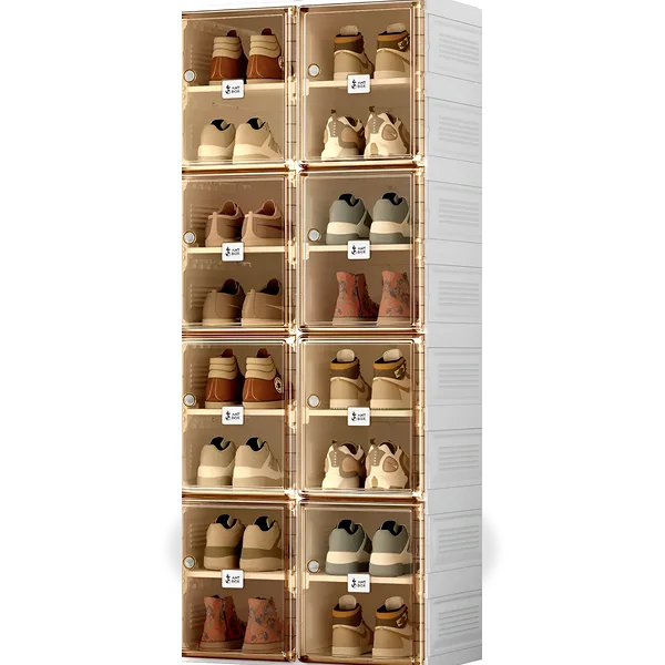 Clear modular shoe box with magnetic door and stacked sneaker storage