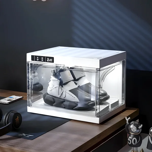 White LED auto-opening shoe box showcasing a single pair of sneakers