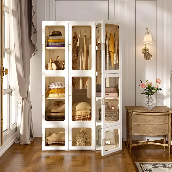 Portable cube wardrobe with transparent doors showing folded clothes and hanging rod