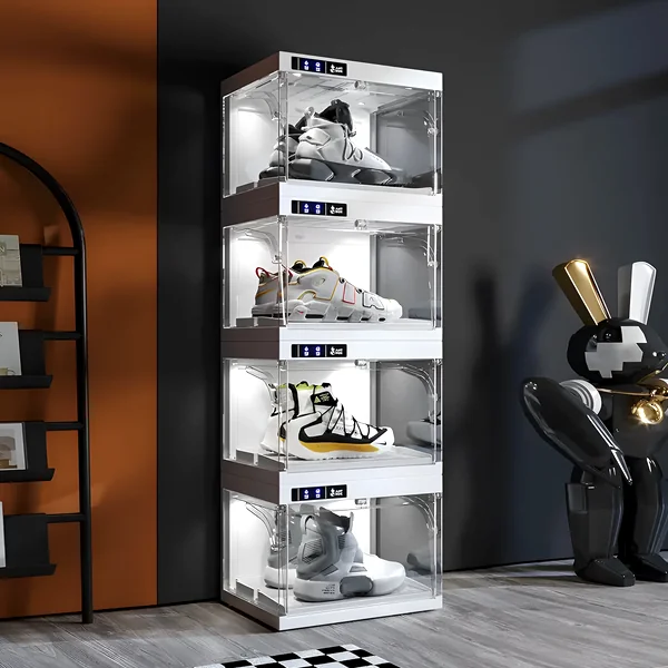 Four white LED auto-opening stackable shoe boxes arranged in a display