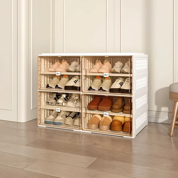 Large foldable shoe cabinet with clear doors holding many pairs upright