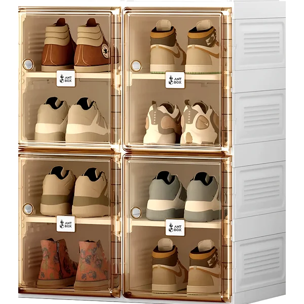 Compact four-layer shoe rack with clear magnetic doors in a closet setting