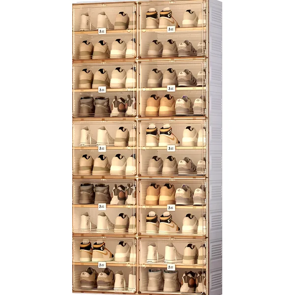 Tall stackable sneaker organizer with clear magnetic doors showing multiple pairs