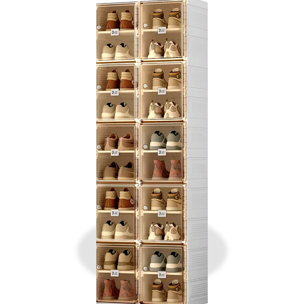 Ten-layer foldable shoe cabinet with magnetic clear doors and multiple shoe rows