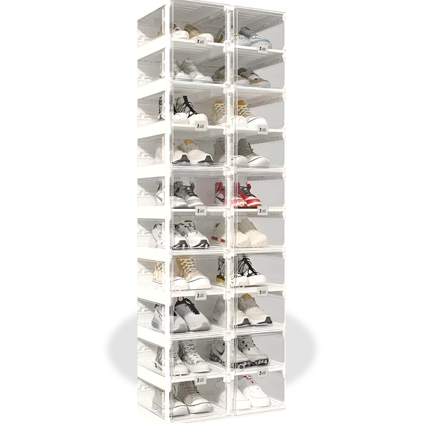 Foldable stackable shoe storage with clear doors holding multiple pairs neatly